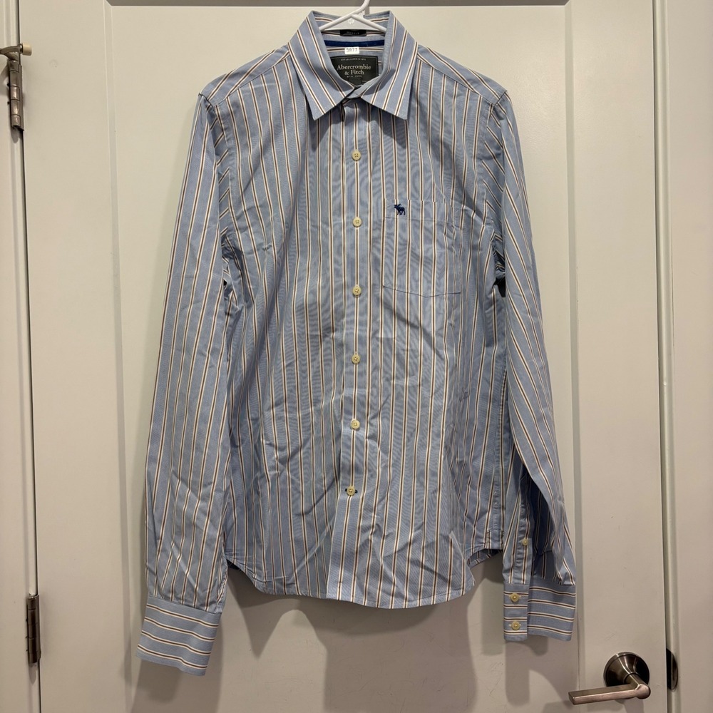 Abercrombie & Fitch Mens Muscle Fit Striped Button Down Shirt Blue Brown Large